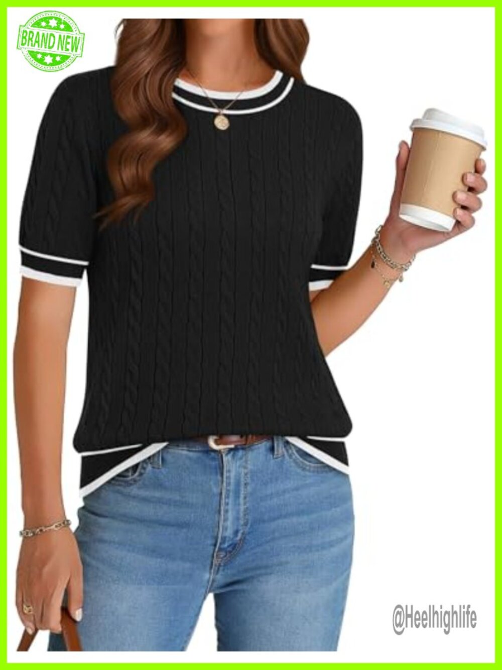 Cable Knit Short Sleeve Sweater Womens Viscose Crew Neck Pullover
